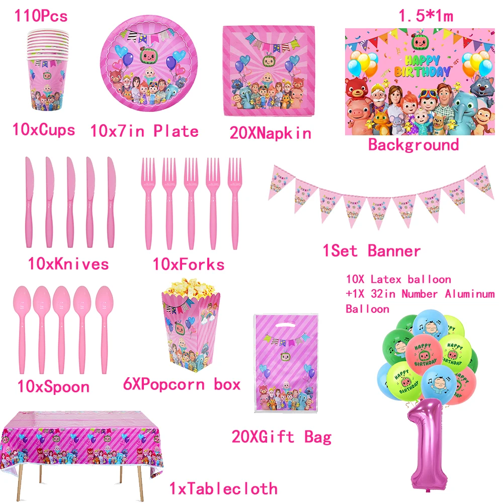 Cocomelon familiar rosa para fiesta de cumplea&ntilde;os de ni&ntilde;as, juego de vajilla desechable, globo, Baby Shower, decoraci&oacute;n de fondo-1