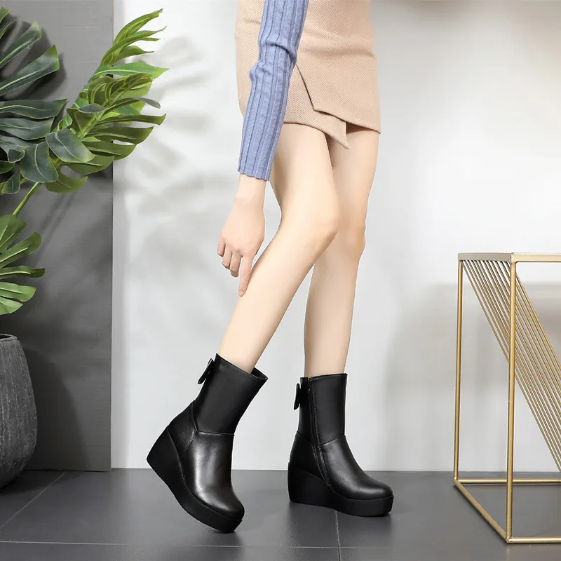 Fujin/женские ботинки из мягкой коровьей кожи Теплые зимние на меху с плюшевой