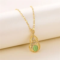 sweet elegant mint green crystal inlaid hollow gourd pendant necklaces for women vintage stainless steel female clavicle chain