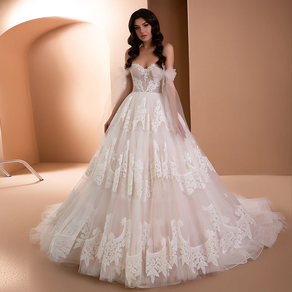 

Robe De Mariage Ball Gown Wedding Dress Pearls Appliques Hochzeitskleid Off the Shoulder Vestidos De Novia Lace Up Back Gelinlik