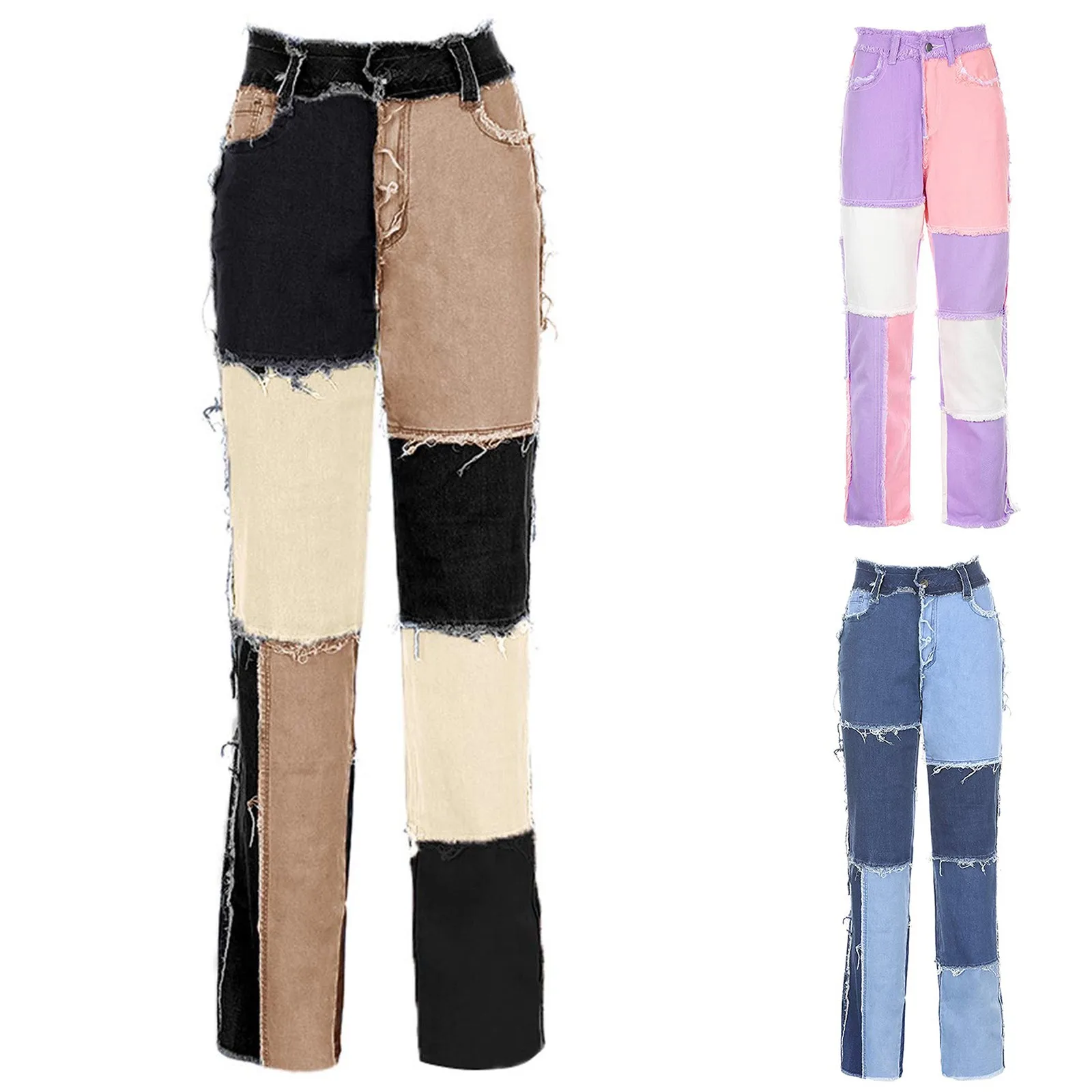 

Women High-waisted Jeans Trumpet Ripped Matching Color Spliced Seven-cent Pants Womens Fashion Clothing