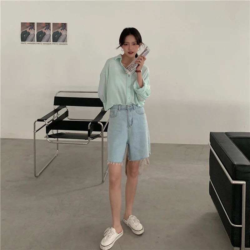 QOERLIN Retro Jean Shorts Women Korean High Waist Wide Leg Denim Shorts Ripped Pocket Sky Blue Shorts Loose Casual Bottoms
