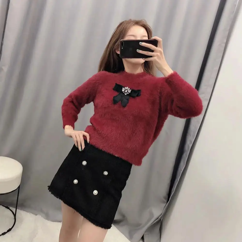 ZA autumn winter women's red gray knitted sweater Jewelry bowknot plush tops chic lady Casual female pullover | Женская одежда