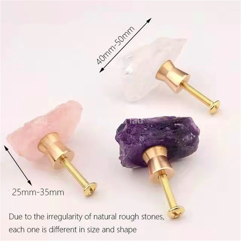 

New Natural Rough Fluorite Stone Knob and Handle Brass Base Drawer Kitchen Cupboard Closet Door Knobs Clear Crystal Handles