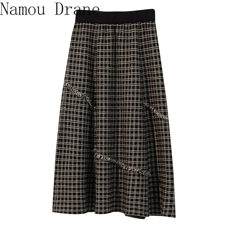 

Plus size women's skirt mid-length 2020 autumn and winter fat mm cover crotch slimming retro plaid sweater skirt trend