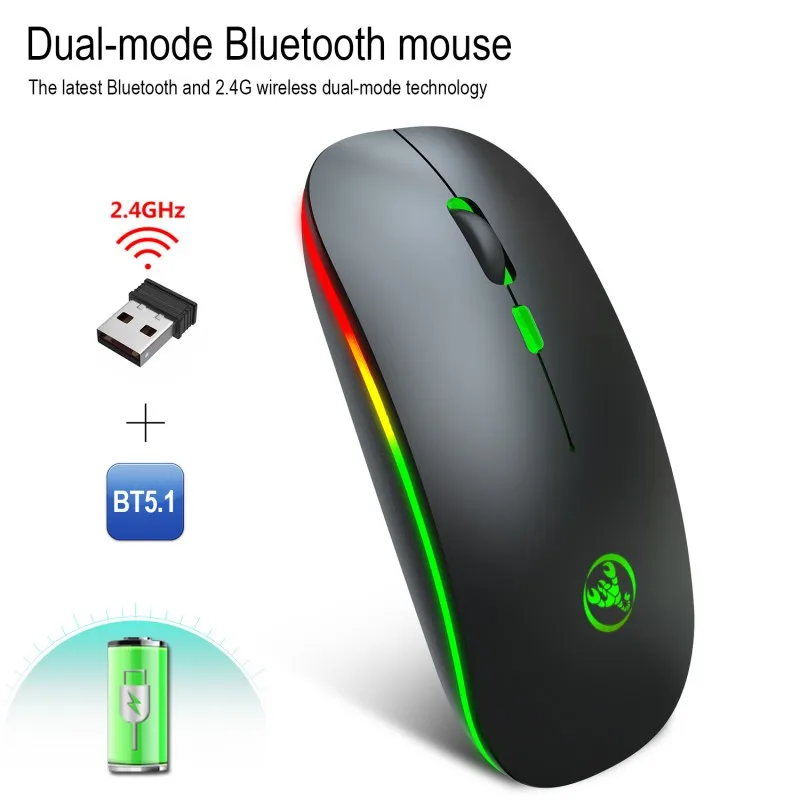 

T18 Dual Mode Bluetooth 5.1 Wireless Mouse Rechargeable Silent 2.4Ghz Mouse Light Emitting Office Game Mute Mice