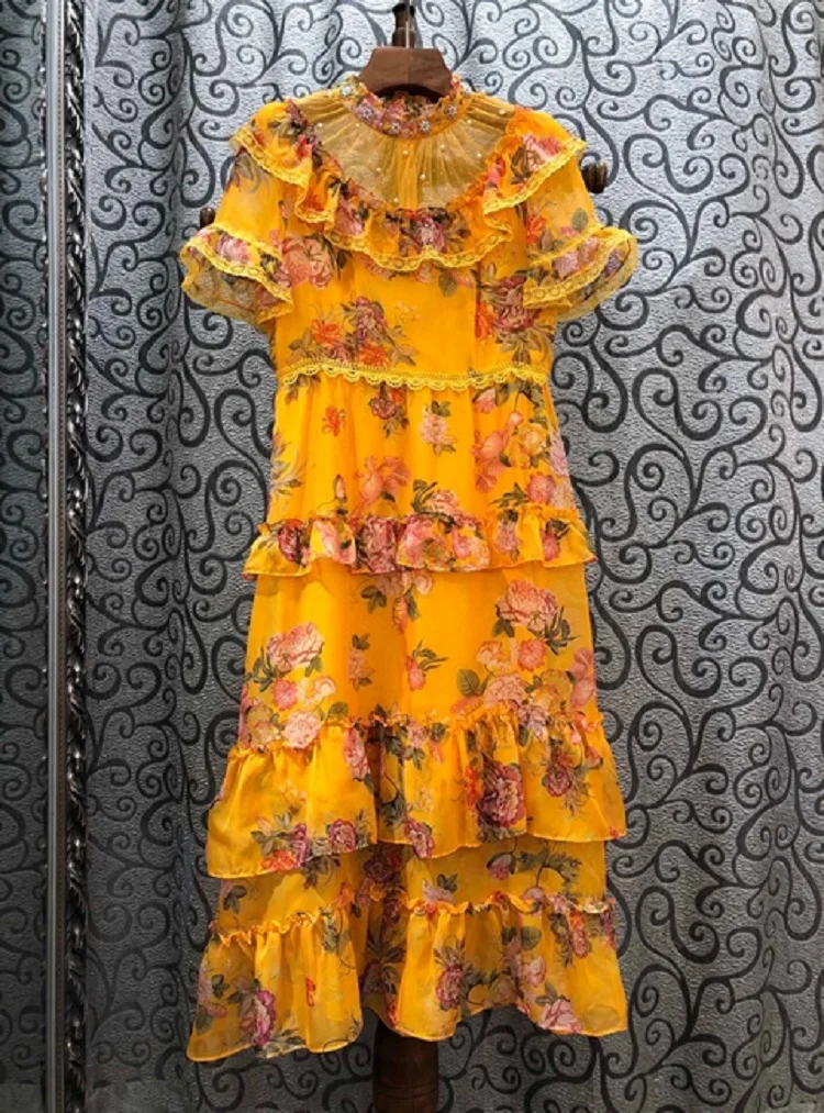 

Top Quality New 2020 Summer Pink Yellow Dress Women Sweet Flower Print Sexy Tulle Lace Beading Deco Short Sleeve Mid-Calf Dress