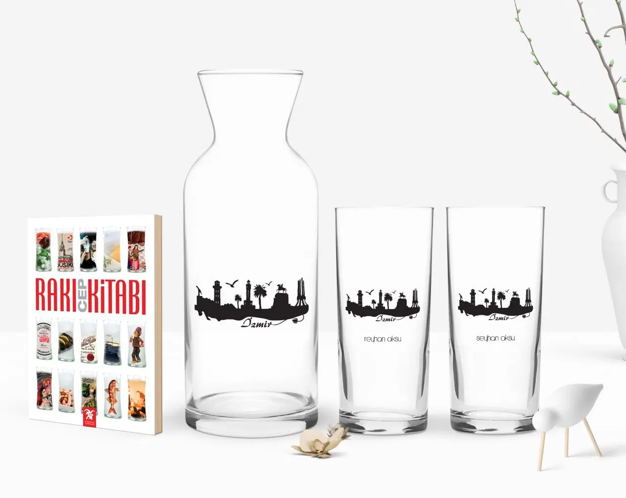 

Персонализированные Цветные принты Измир дизайн туристических двойной Arrack чашки графин и карманная книжка подарок Seti-3