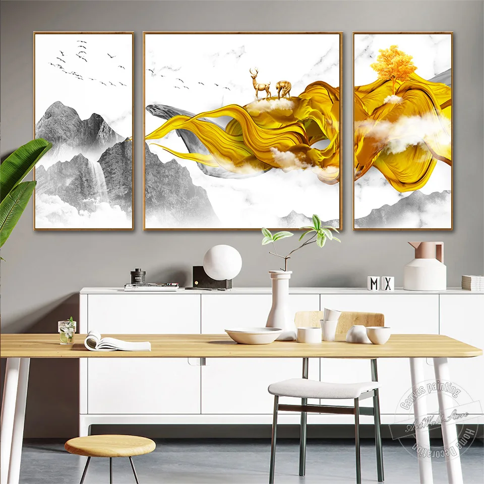 

Unframed 3 piece landscape picture animal poster golden deer canvas painting mountain water colour marriage bedroom pictures