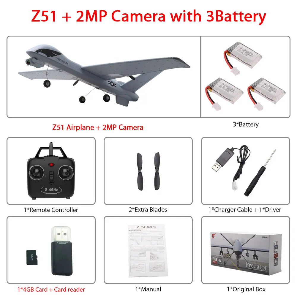 2MP 3B color box Радиоуправляемый самолет Z51 из ЕПП-пены с HD камерой 2 Мп или без камеры, 20 минут в полете - Цвет: 2MP 3B color box
