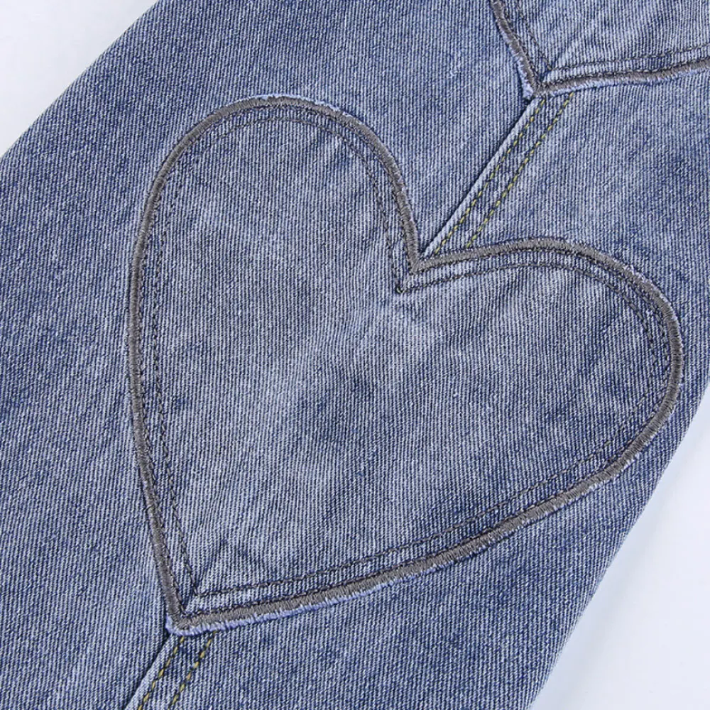 

ZOTTSOZ Side Heart Embroidery High Waist Denim Trousers Fashion Women Harajuku Casual Streetwear Straight Jeans Vintage Pants