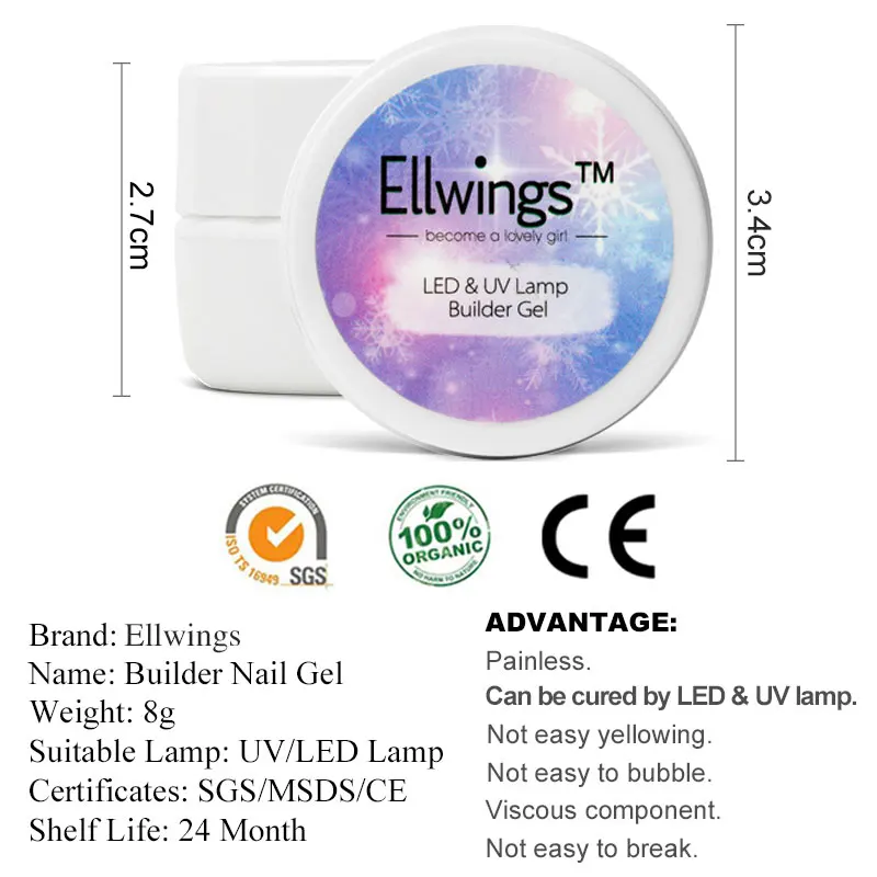 Полигель Ellwings для быстрого наращивания ногтей белый и розовый УФ-гель нейл-арта