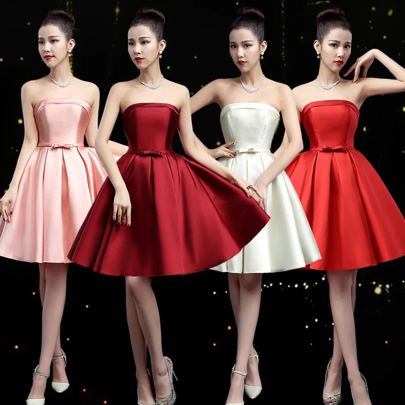 

Classic Red Sexy Strapless Short Evening Dress New Noble Satin Lace Up Slim Plus Size Party Prom Evening Gown Robe De Soiree