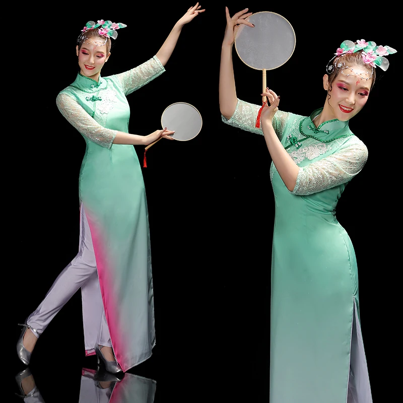 

Женский костюм для классических танцев, элегантный костюм с зонтиком фаната, национальное танцевальное платье Янко, китайский современный ...