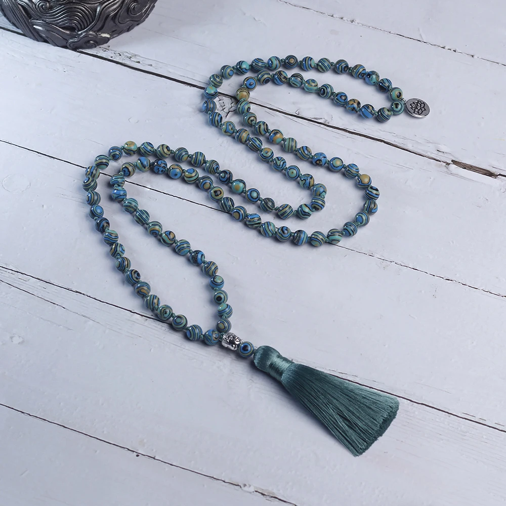 

suitcase necklace 8mm turquoise stone,Tassel,Buddha,lotus,yoga jewelry japa suitcase prayer 108 beads meditation knotted necklac