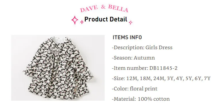 DB11845-2 dave bella/осеннее платье принцессы с цветочным рисунком для маленьких девочек детское модное праздничное платье детская одежда в стиле «лолита»
