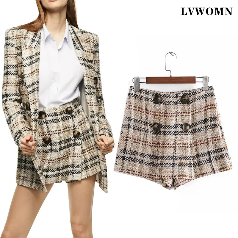 

Женские шорты с завышенной талией LVWOMN Za, элегантные двубортные Женские шорты А-силуэта для девушек, твидовые юбки в клетку с широкими штанин...