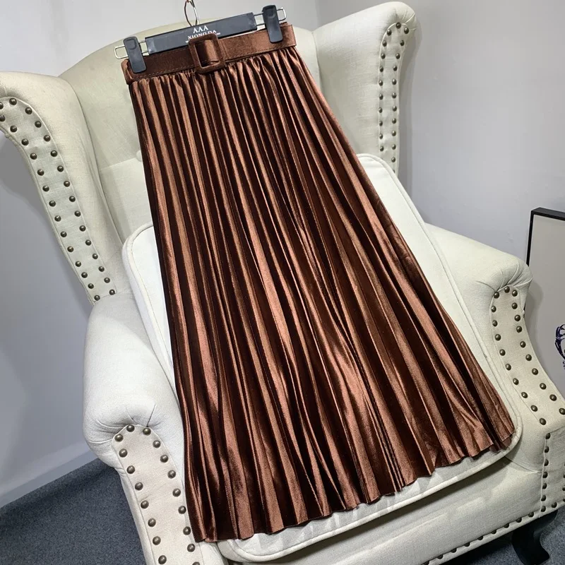 Осенне зимняя юбка женская Золотая Бархатная плиссированная с поясом жемчужная