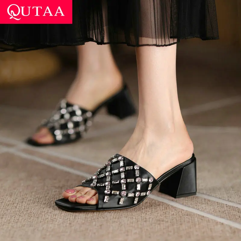 

QUTAA 2021 Genuine Leather Summer Women Slides Square High Heel Round Toe Sandals Slingback Female Shoes Size 34-39