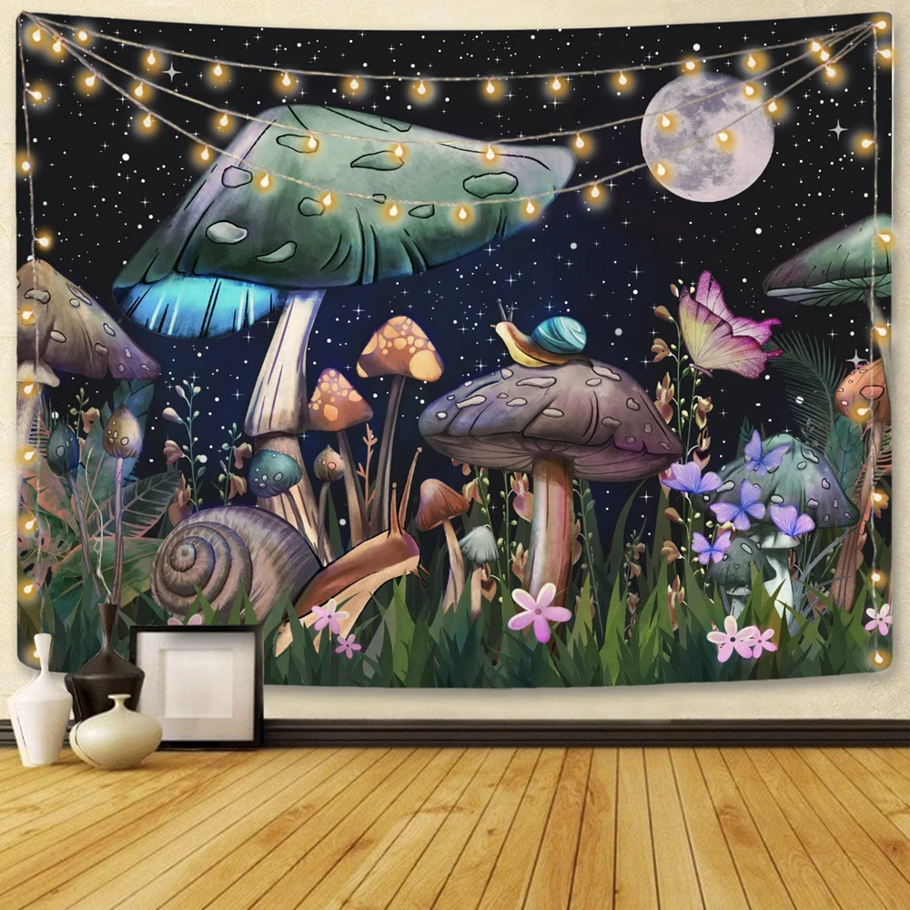 

Trippy гобелен с изображением гриба, луна и звезды, гобелены с улитками и цветами и растениями, настенные подвесные гобелены для комнаты