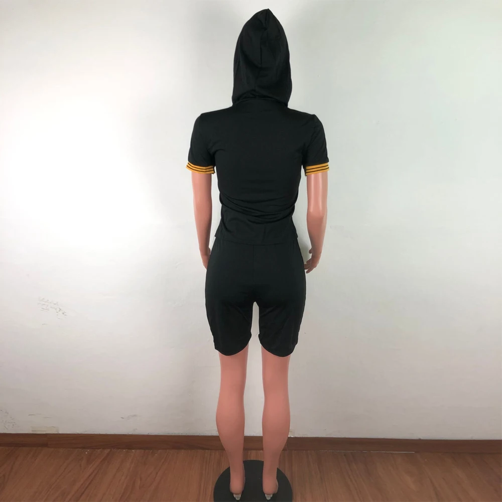

Workout Hoodie Two Piece Set Tracksuit for Women Hooded Short Sleeve Bandage Sweatshirt and Biker Shorts Casual Loungewear Suits