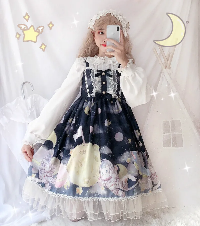 Платье в стиле Лолиты; милое платье в японском стиле Kawaii; платье принцессы для девочек в винтажном готическом стиле; кружевная розовая летняя юбка с принтом