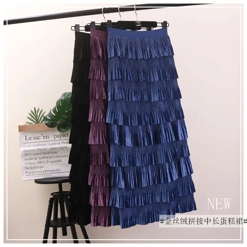 

2021 New Autumn Winter Korean Elastic Waist Female Vintage Women's Pleated Skirts Woman Soft Lady Trendy Long Skirts Y144