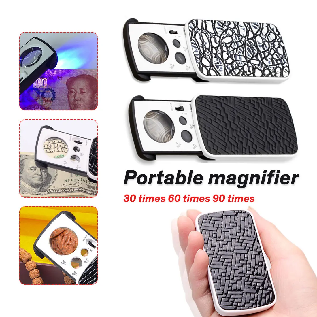 

30X 60X 90X Acrylic Optical Lens Loupe Magnifier Jewelry Appraisal Reading Magnifying Glass With LED UV High Magnification