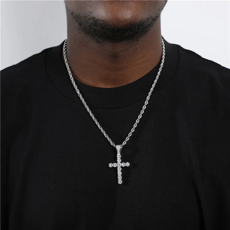 

Hip Hop Bling Iced Out Cubic Zirconia Stone Copper Pico Harvey Cross Necklaces Pendants With 4MM Tennis Chain Men Charm Jewelry