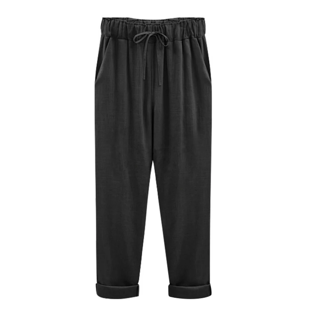 

New Sale Solid Color Comfortable Cotton Linen Cropped Trousers Loose Women Drawstring All Match Harem Pants For Daily Life