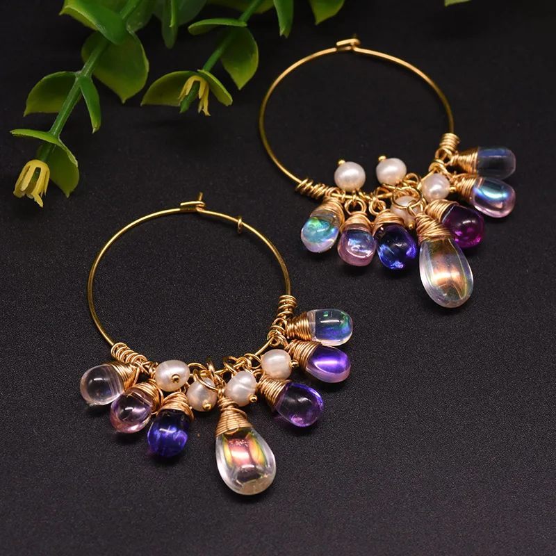 

Natural Colorful Crystal Hoop Round Earrings For Women Girls Party Bohemia Gifts Fresh Water Pearl Jewelry Handmade Accessories