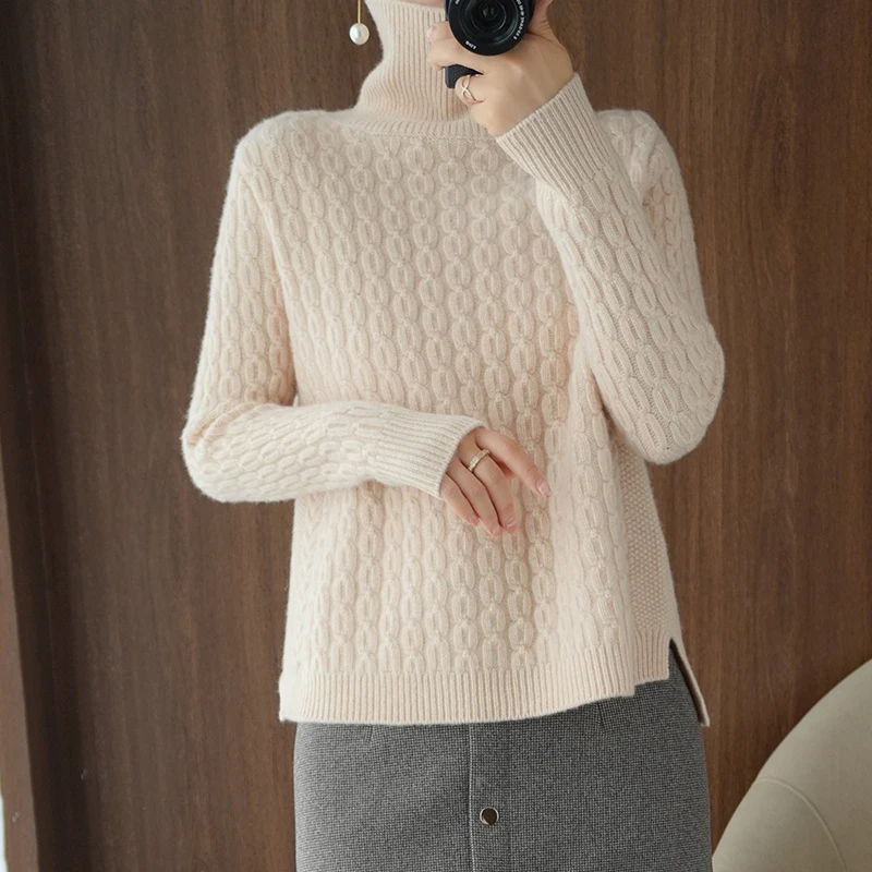 

100% Wool Winter Clothes Solid color Knitted Fashion Turtleneck Pullover Asymmetry Stripe Women's sweater