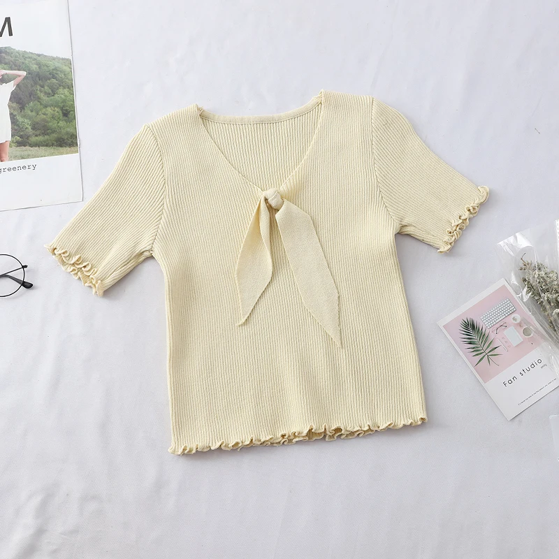 

Abrini Women Knitted Tops Solid Loose Bow Knitting Short Sleeve Sweater 2021 Fall Slim Preppy Style Flounced Edge Casual Sweater