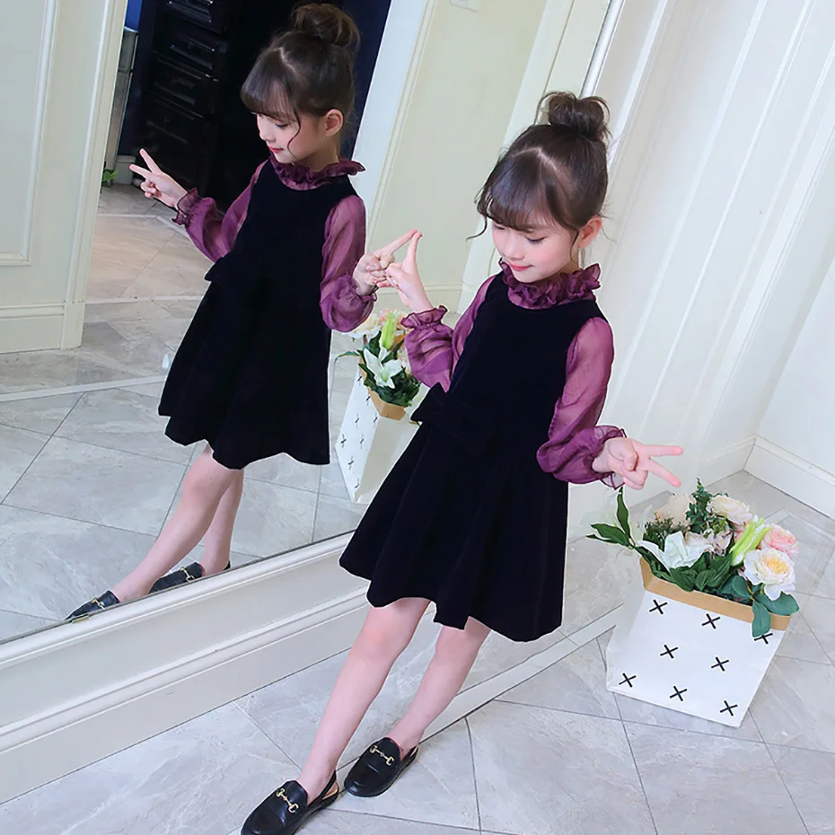 Платья для девочек с длинным рукавом платья цветочным бантом осенние детей