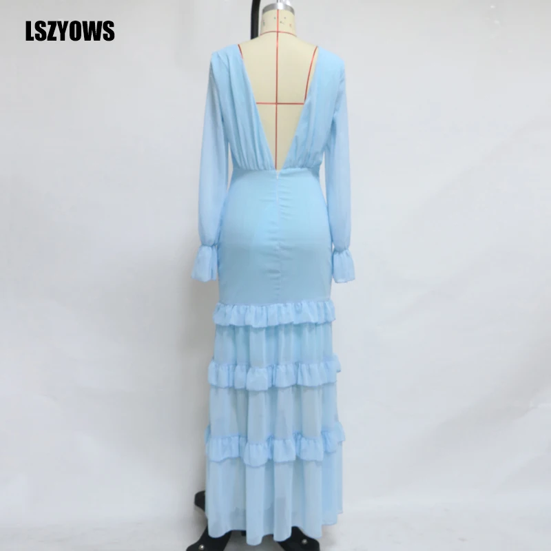 

Sexy Chiffon Long Dress Flare Sleeve V-Neck Bodycon Evening Party Dress Women Elegant Ruffle Backless Maxi Dresses Vestidos Robe