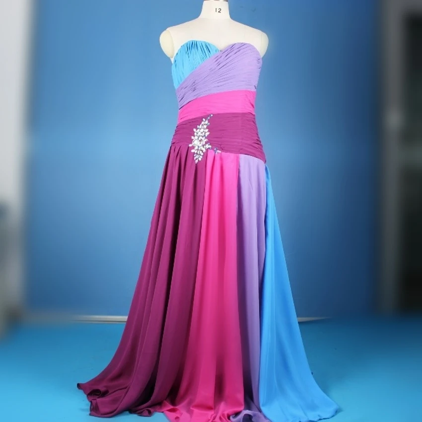 

Strapless Formal Dress Purple Blue Contrast Colors Chiffon Sweetheart Ruffled Long Bridesmaid Dresses M1