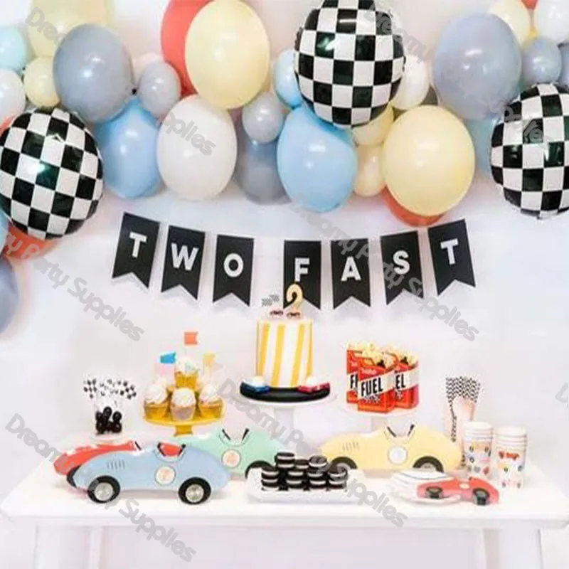 Arco de Globos de coche de carreras, decoraci&oacute;n de fiesta de cumplea&ntilde;os para ni&ntilde;os, 68 piezas, Kit de guirnalda de Globos azul y amarillo, fondos de Globos a cuadros negros-0