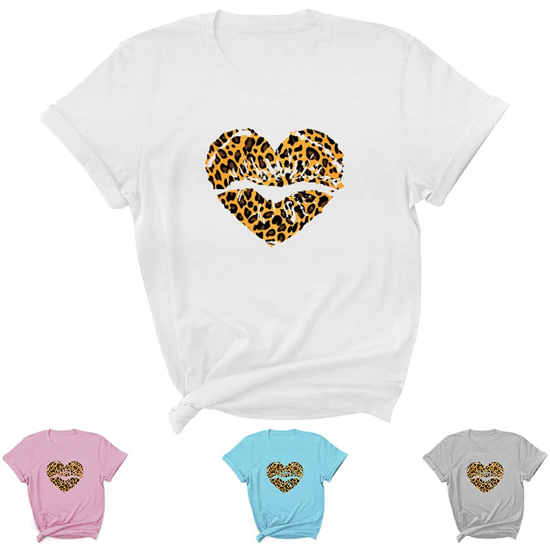 

Leopard Lips Letter Print Women T Shirt Short Sleeve O Neck Loose Women Tshirt Ladies Tee Shirt Tops Clothes Camisetas Mujer
