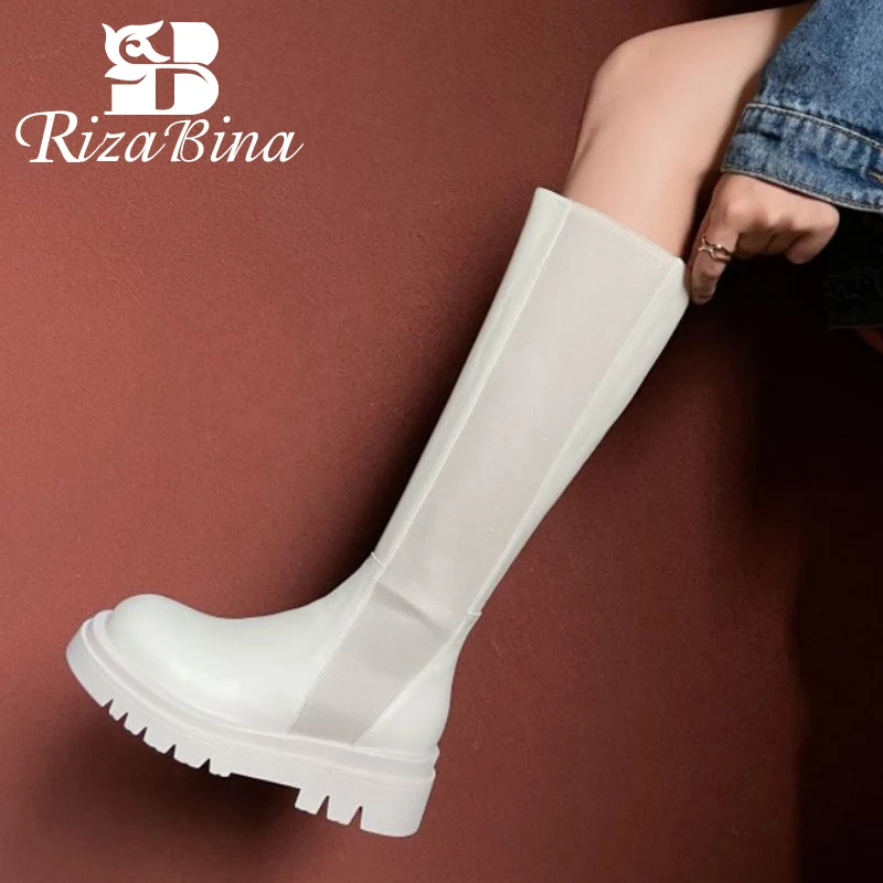

RIZABINA Size 33-43 Women Knee High Boots Real Leather Patchwork Winter Ladies Long Boot Fashion Cool Woman Shoes Daily Footwear
