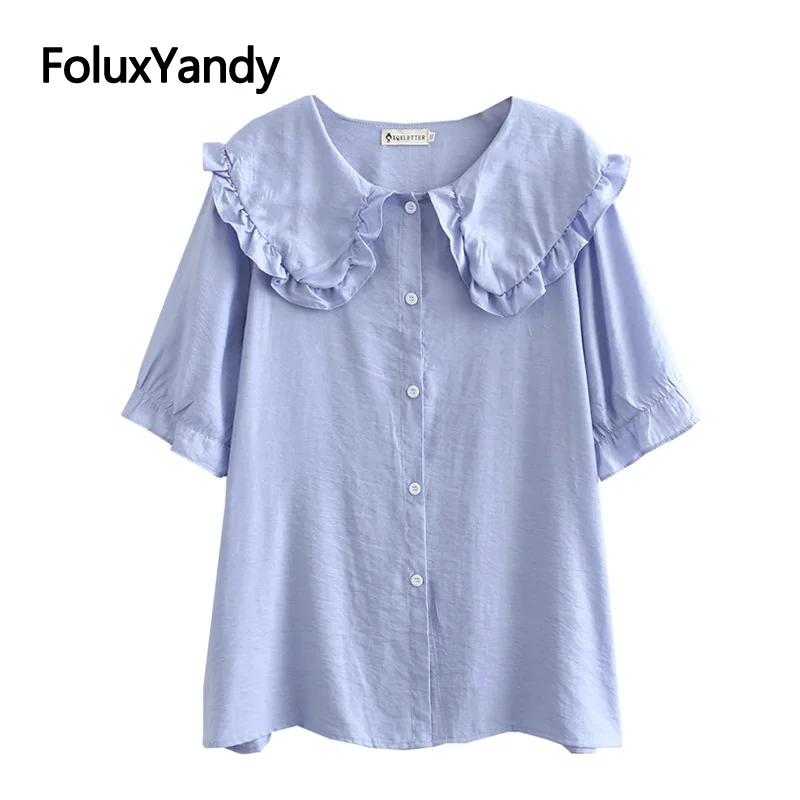 

Летняя блузка с воротником в стиле Питер Пэн, Женская Повседневная Блузка с оборками и коротким рукавом, рубашка KKFY4638