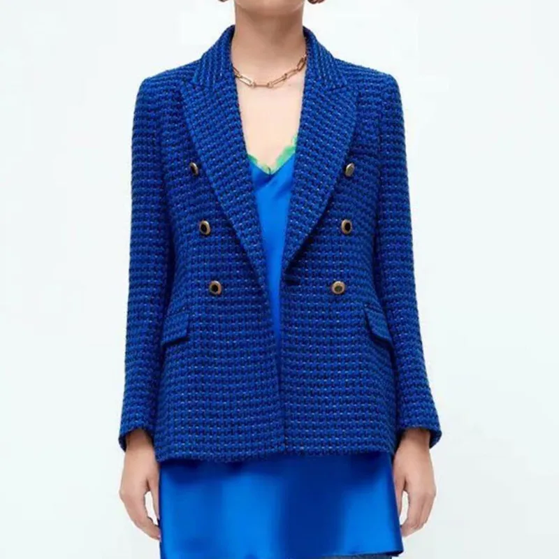 

Women Tweed Blazer Coat 2021 New Autumn Notched Neck Double Breasted Plaid Slim Office Lady Business Suit Jacket s1617