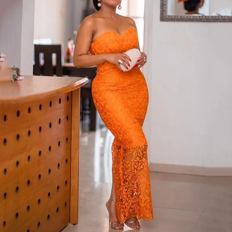 Оранжевое без бретелек длиной до пола с высокой талией кружевное платье Русалка
