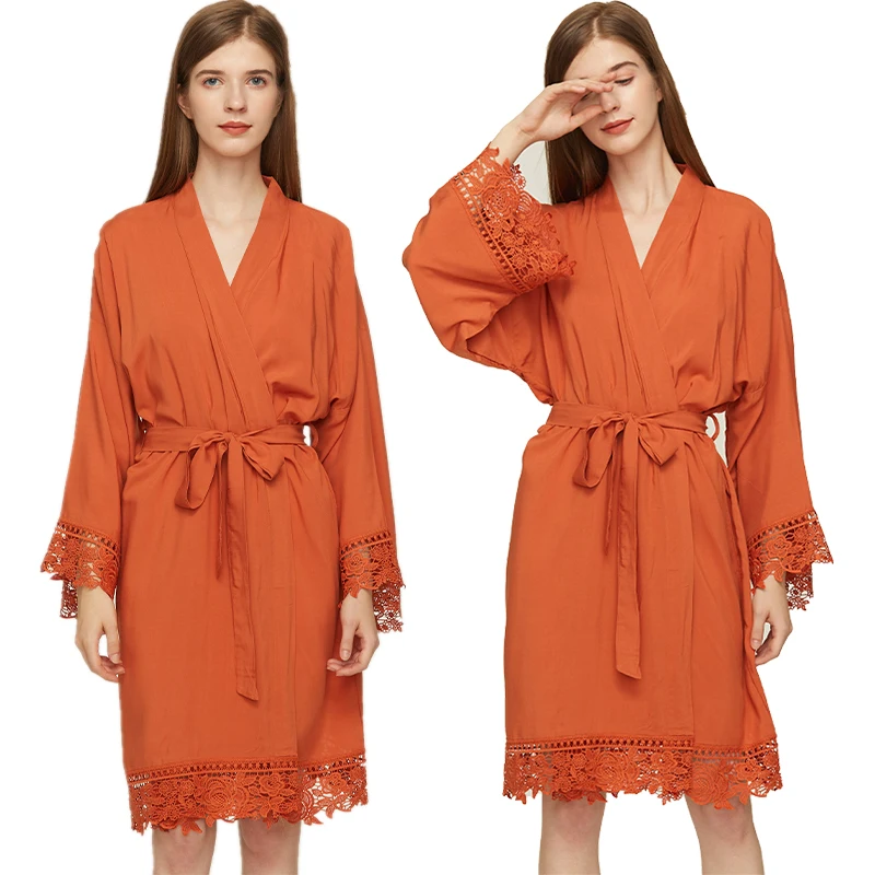 Rayon Cotton Lace Robe Bride print custom Robe Bridesmaid Robes for Women Wedding Bridal Robe Bathrobe Sleepwear orange robe