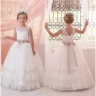 Официальные платья с перламутровыми жемчужинами и круглым вырезом, многослойные кружевные платья для девочек на свадьбу, платье для первого причастия с лентами, нарядное платье для девочек