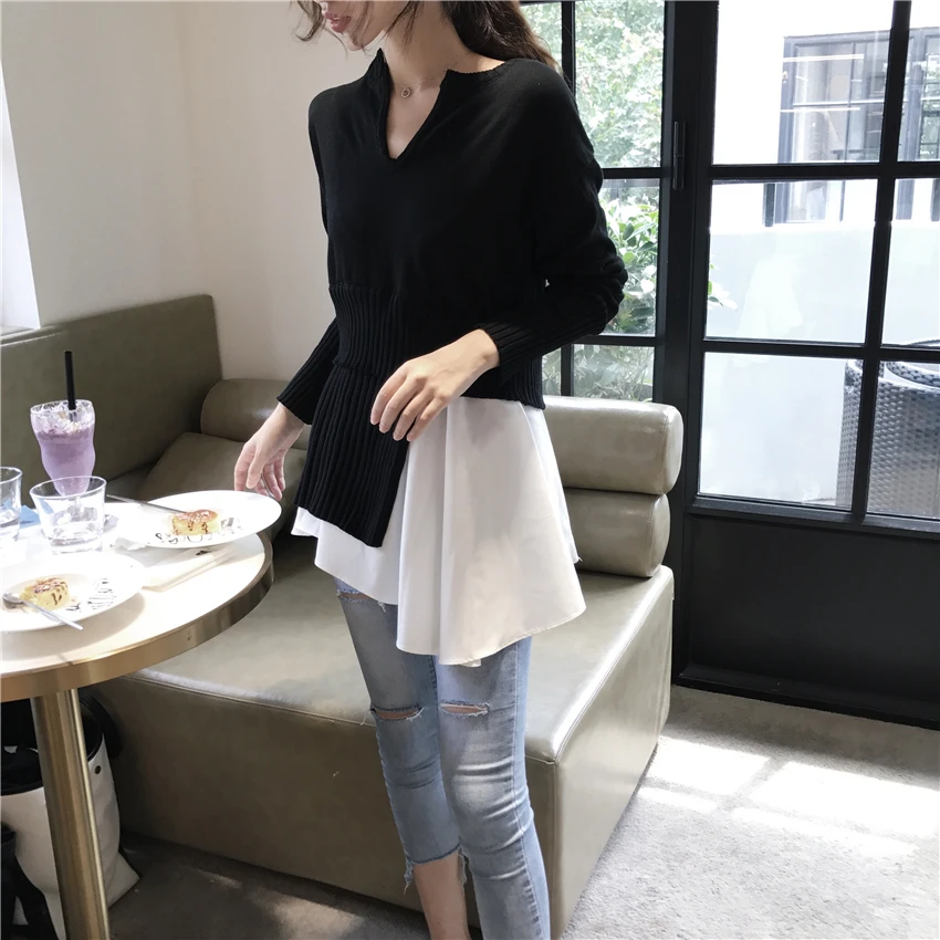 Korobov Autumn Winter New Irregular Women Sweaters Korean Long Sleeve Hit Color Patchwork Sueter Mujer Slim Knit Pullover 79170 | Женская