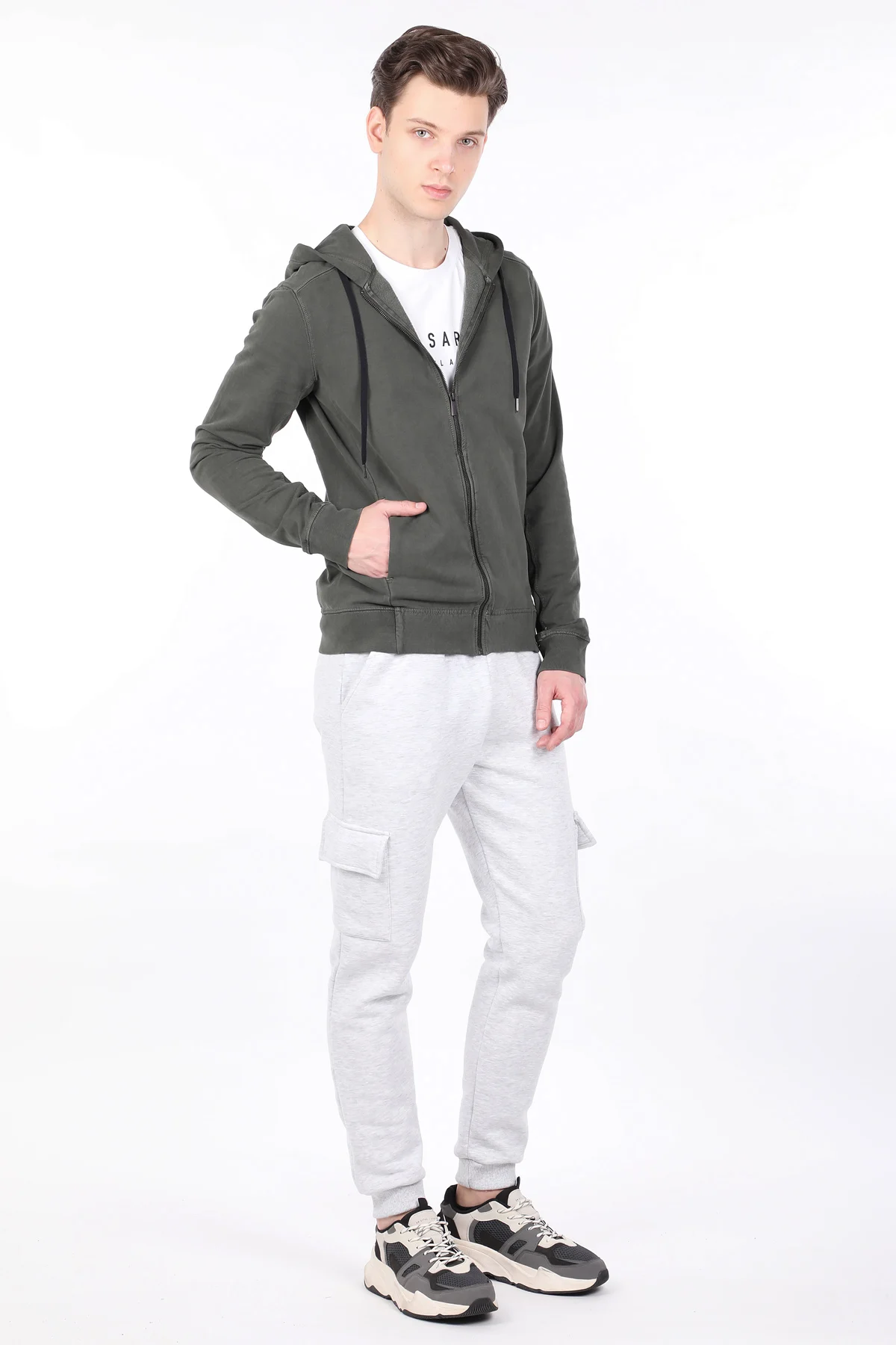 

Mens Khaki Hooded Zipper Sweatshirt