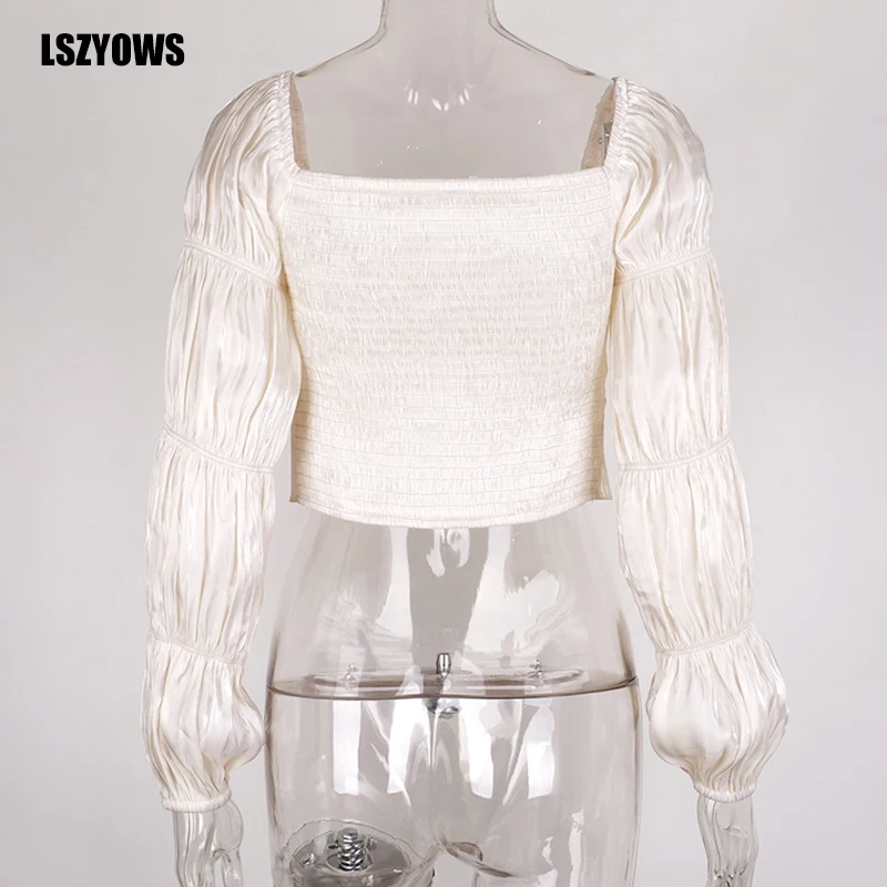 

White Sexy Blouse Women Long Lantern Sleeve Button Shirts Fashion Casual Party Female Blouses Slim Pleated Tops Blusas Femininas