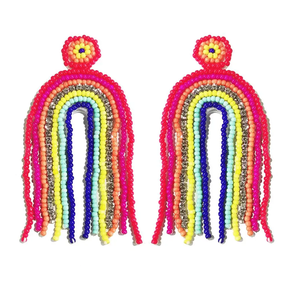 Женские серьги кисточки с радужными бусинами MANILAI Разноцветные длинные ручной