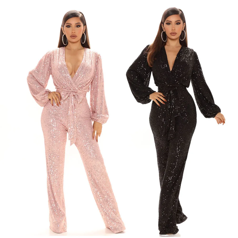 

2022 Jumpsuits For Women Sparkling Sequins Sexy V-neck Lantern Sleeve Sashes Nightclub Gorgeous Wide-leg Rompers INS Hottest