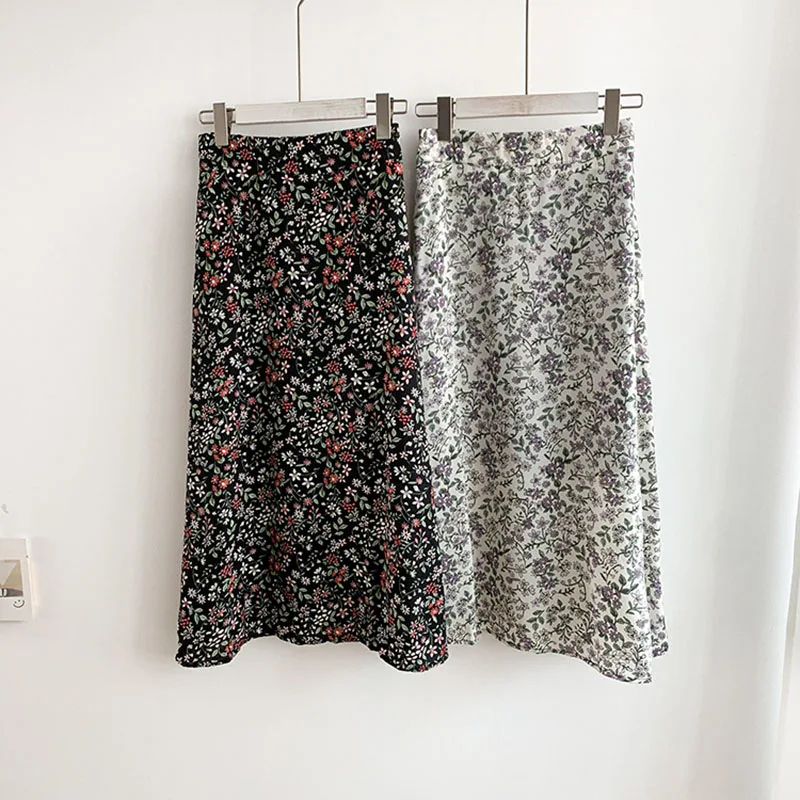 

White Sweet Retro Floral Women's Skirt Fashion Elastic Waist A-Line Office Lady Elegant Midi Skirts Summer 2021 New Arrivals